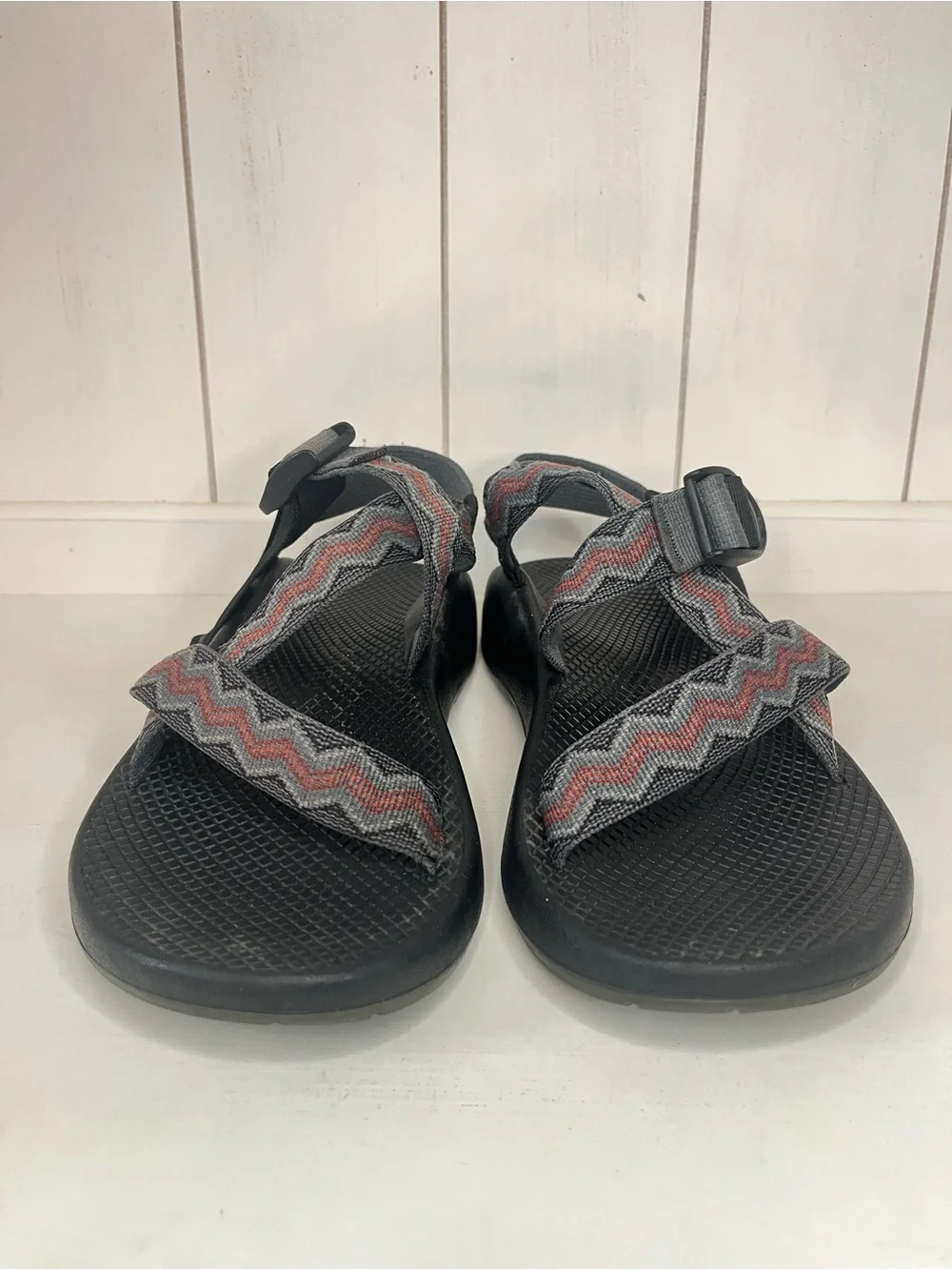 Chaco Men’s Black Sandals with Red-Gray Zigzag Straps